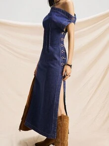 Easelle 休闲时尚不对称领口收腰女式牛仔连衣裙 - 深色水洗藍 - 查看 9