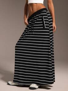 Hanevo Casual Elastic Waist Striped Pocket Skirt, Suitable For Sports, Commuting And Outings Fall Cloth For Women