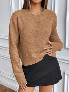 EMERY ROSE Casual Style Solid Color Crew Neck Knit Long Sleeve Sweater Fall Winter Cloth For Women - Rust Brown - View 6