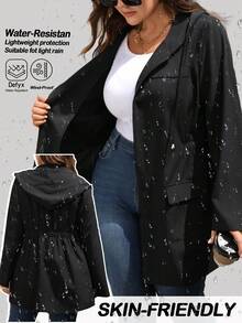 Rosumi Plus Size Women's Autumn Casual Solid Color Zip-Up Waterproof Casual Black Hooded Jacket,Cinched Waist Black Lightweight Hooded Trench Coat With Pockets, Fall Women Clothes,Fall,Winter Clothes For Women,Vintage,Going Out Outfits,Fall Clothes For Women,Fall Outfits,Winter Jacket,Trench Coat,Winter Jacket For Women,2025 New