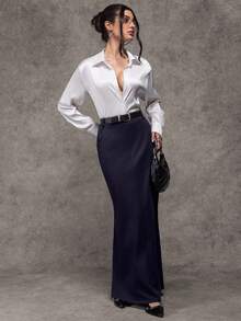 Avenya Women's Solid Color Elegant Decorative Button Maxi A-Line Skirt