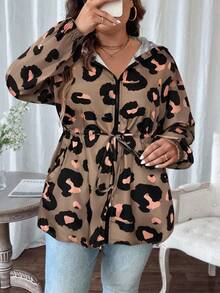 SHEIN LUNE 加大码豹纹连帽抽绳长款外套，秋冬女士印花外套，休闲长袖外套，豹纹动物印花外套 - 摩卡棕 - 查看 6