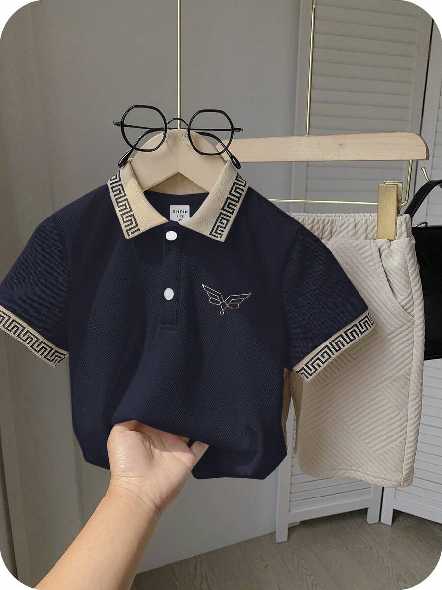 SHEIN 2pcs/Set Young Boys Classic Embroidered Design Polo Shirt & Sports Shorts, Casual Outfit - Navy Blue - View 1