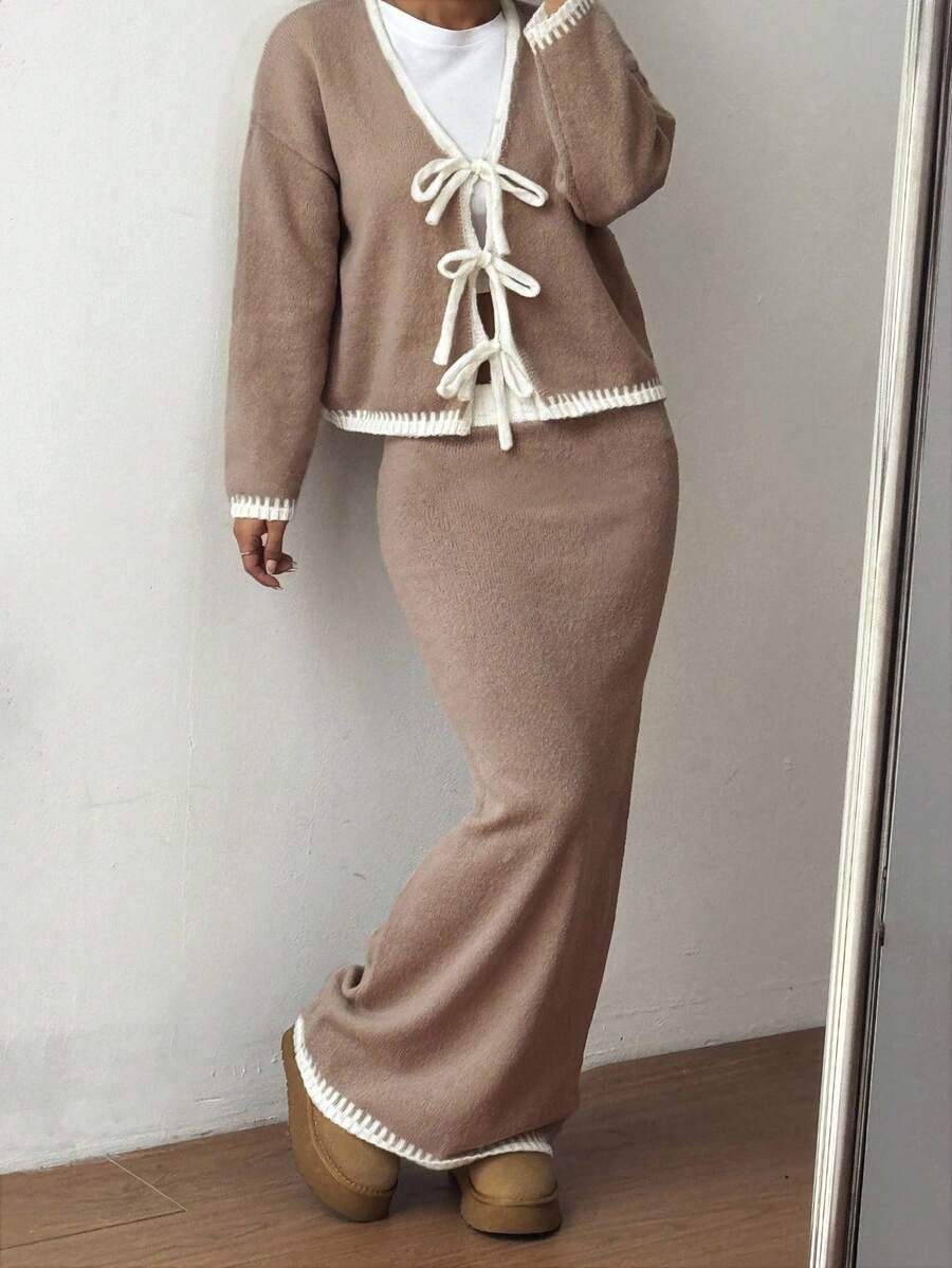 Flirla Set de 2 piezas: Cárdigan de punto de manga raglán con ajuste holgado y lazo en degradado, y minifalda de punto para otoño/invierno