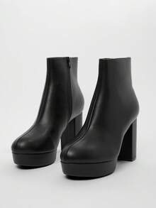 Solezae Women's Casual Block Heel Faux Leather Platform Zip Up Booties For Christmas Valentine's Day - Black - View 5
