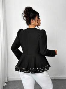 Elenzga Chaqueta vintage negra con mangas abullonadas para mujer de talla grande, con decoración de perlas en el bajo, cuello redondo y cremallera