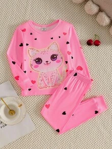 2 pièces Ensemble de pyjama ajusté avec imprimé chat mignon et cœur qui brille dans le noir, haut à manches longues et pantalon - Rose bonbon - Voir 5