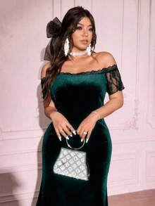 Viva Relle 大码女式优雅蕾丝拼接鱼尾下摆短袖派对连衣裙，适合情人节圣诞派对 - 綠色 - 查看 3