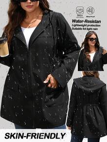 Rosumi Plus Size Women's Autumn Casual Solid Color Zip-Up Waterproof Casual Black Hooded Jacket,Cinched Waist Black Lightweight Hooded Trench Coat With Pockets, Fall Women Clothes,Fall,Winter Clothes For Women,Vintage,Going Out Outfits,Fall Clothes For Women,Fall Outfits,Winter Jacket,Trench Coat,Winter Jacket For Women,2025 New