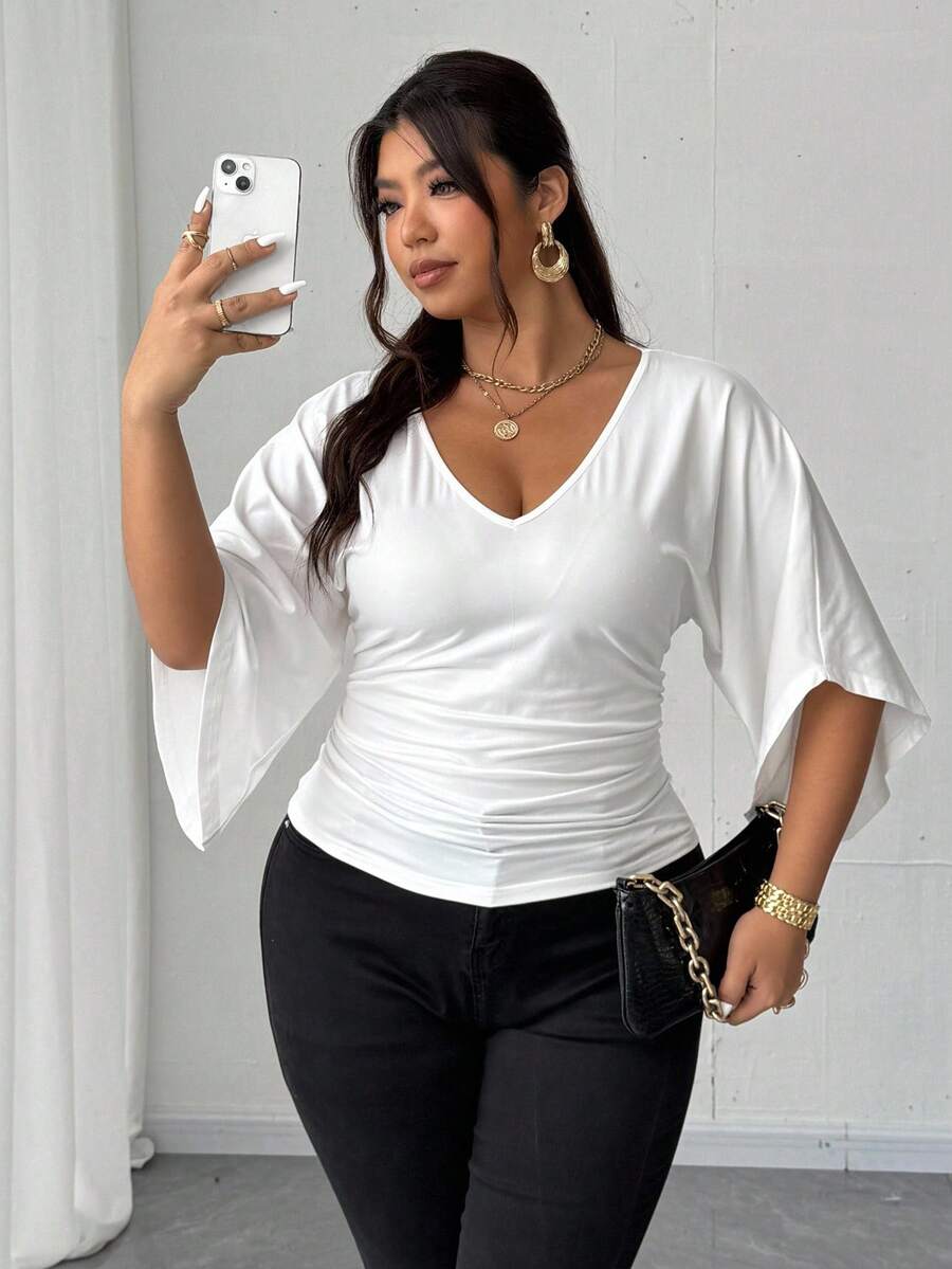 Elenzga Plus Size Women Waist Cinched Casual French Style Versatile T-Shirt - White - View 1