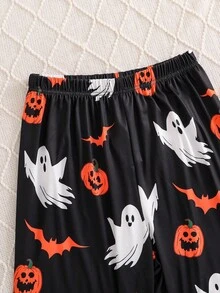 2 件套女士万圣节主题插肩袖撞色领牛奶丝面料家居睡衣套装女士万圣节睡衣，秋季服装