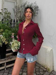Sunnyshic White Striped Button-Front Ruffle Cuff Long Sleeve Fitted Shirt, Minimalist Style For Commuting, Casual, Elegant Daily Wear, Women Spring/Summer - Burgundy - View 6