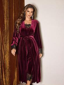 Slumberist Women's Velvet Sleepwear Set, Oversized Long Velvet Patchwork Sexy Lace Robe Nightgown Pajama Set Velvet Robe Set - Burgundy - View 5