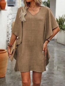 EMERY ROSE Women's Solid Color V-Neck Ruffle Sleeve Loose Straight Casual Dress - Khaki - View 5