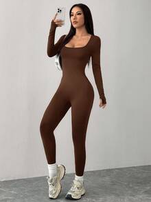 SHEIN PETITE Black Knitted Square Neck Tight Casual Sports Yoga Jumpsuit,Fall - Brown - View 8