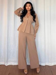 Islaluna Ensemble 2 pièces femme, Top à volants à simple boutonnage de couleur unie et pantalon large, élégant, automne