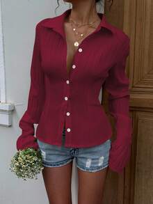 Sunnyshic White Striped Button-Front Ruffle Cuff Long Sleeve Fitted Shirt, Minimalist Style For Commuting, Casual, Elegant Daily Wear, Women Spring/Summer - Burgundy - View 4