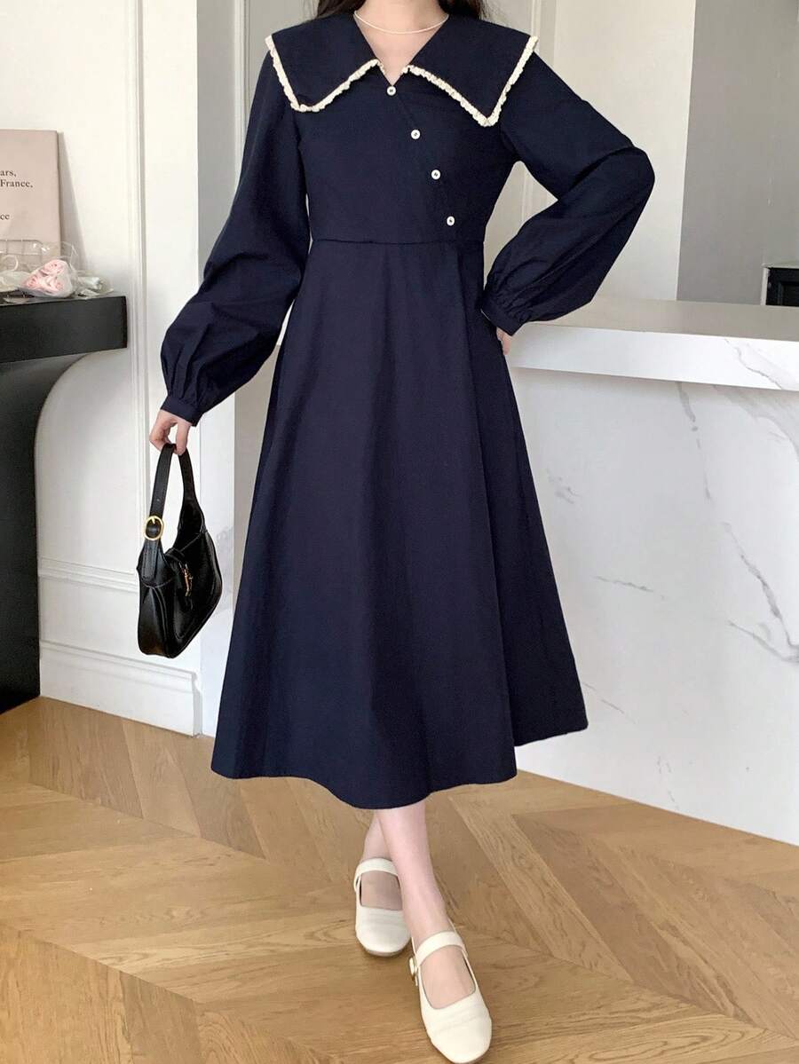 少女连衣裙撞色学院风中长连衣裙,优雅甜美海军蓝连衣裙,不对称连衣裙,彼得潘领蕾丝拼布连衣裙海军蓝连衣裙泡泡袖连衣裙翻领连衣裙女装长袖连衣裙 - 藏蓝色 - 查看 1