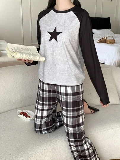 SHEIN 少女睡衣套装 2 件套 - 撞色插肩袖宽松星星印花上衣和格子宽松裤子，家居服