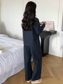 2pcs Teen Girl Cute Navy Blue Winter Family Matching Pajama Set Korean Style Bear Decor Lapel Button Up Patches Checkered Fall Sleepwear Girl - Navy Blue - View 2