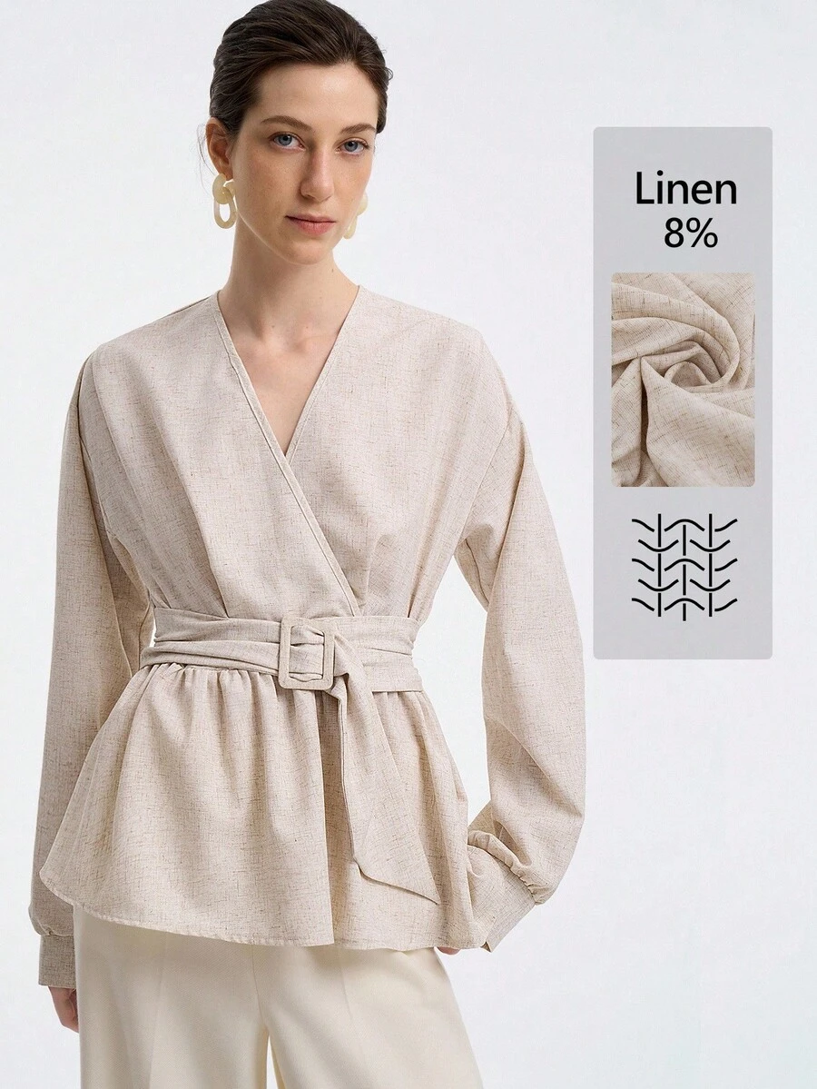 Aalyst Women's Elegant Beige Autumn Linen Cotton Blend V-Neck Ruffle Hem Lantern Sleeve Blouse,Minimalist Office Fashionable Commuting Dual-Color Fall Top - Apricot - View 1