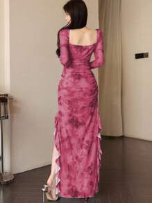 Modelyn Women Mesh Print Ruffle Hem Split Hem Elegant Sexy Dress Fall Cloth For Women - Hot Pink - View 2