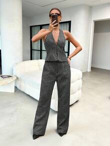 Lavishia Black & White Plaid Tweed V-Neck Sleeveless Buttoned Crop Top + Fitted Straight Leg Pants Women's 2 Pieces Set, Suitable For Early Autumn Commuting - Black - View 1