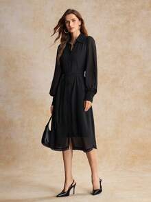 House of One Đầm Maxi Sơ Mi Cổ V Voan Đen Kèm Dây Đeo Spaghetti Bên Trong Bộ Đầm Nữ Thu Đông - màu đen - Xem 5