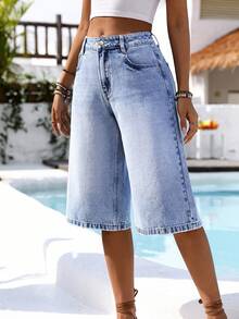 SHEIN Tall Quần short denim 3/4 rách rách cạp vừa giản dị - Rửa trung bình - Xem 3