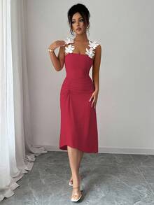 Elenzga 女士优雅束腰紧身中长连衣裙，花卉装饰，精致迷人的设计 - 紅色 - 查看 4