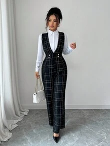 Elenzga 女式黑色羊毛面料格子连体裤，带金线，深 V 领，腰部收紧，高腰，金属珍珠纽扣装饰，优雅休闲复古教师风格，适合感恩节、万圣节、秋冬季，百搭宽松阔腿背带裤连体裤 - 黑色 - 查看 3