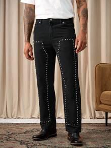 Manfinity Homme Spring/Summer Casual Street Style Black Straight Leg Studded Knee Jeans Boyfriend & Husband Washed For Straight Leg Halloween All Saints' Day - Black - View 4