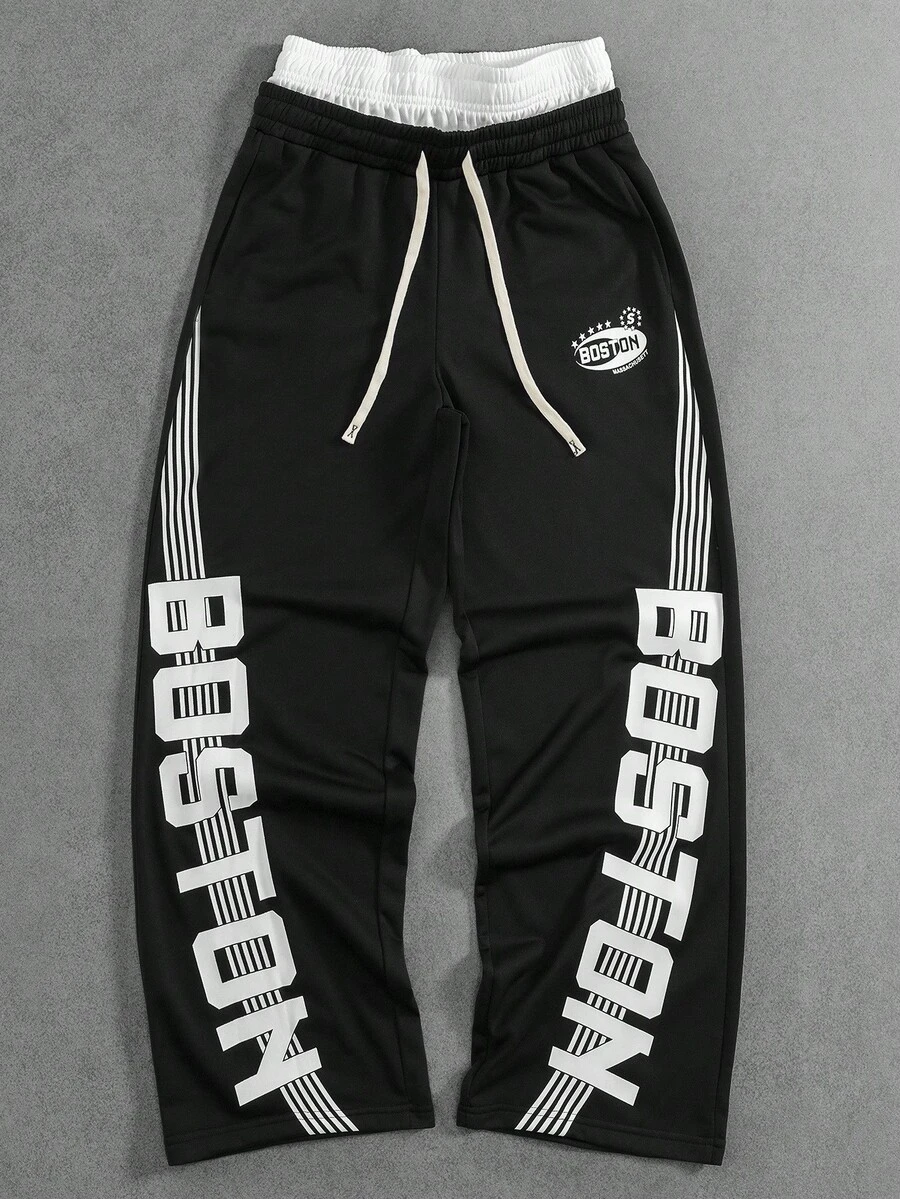 Manfinity EMRG Men's Casual Letter Print Striped Drawstring Waist Wide Leg Sweat Wide Leg Pants