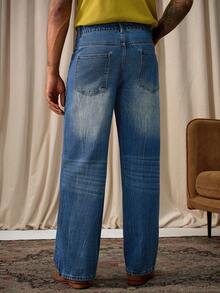 Manfinity Homme Men's Fashion Casual Pocketed Wide Leg Embroidered Jeans Business Casual Minimalist Comfortable Regular Washed Blue For Straight Leg Urban