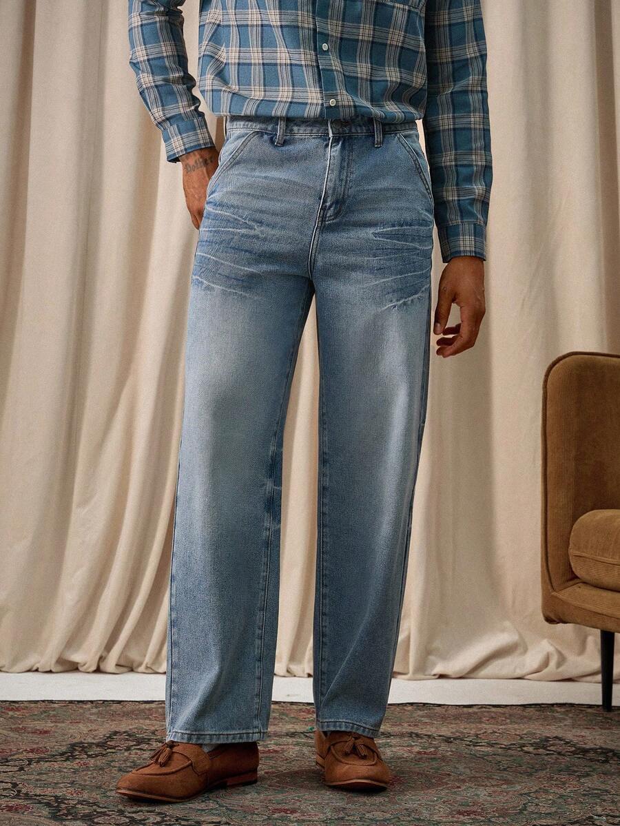 Manfinity Homme Men's Light Blue Straight Leg Mature Street Style Jeans Boyfriend & Husband Regular Washed For Straight Leg