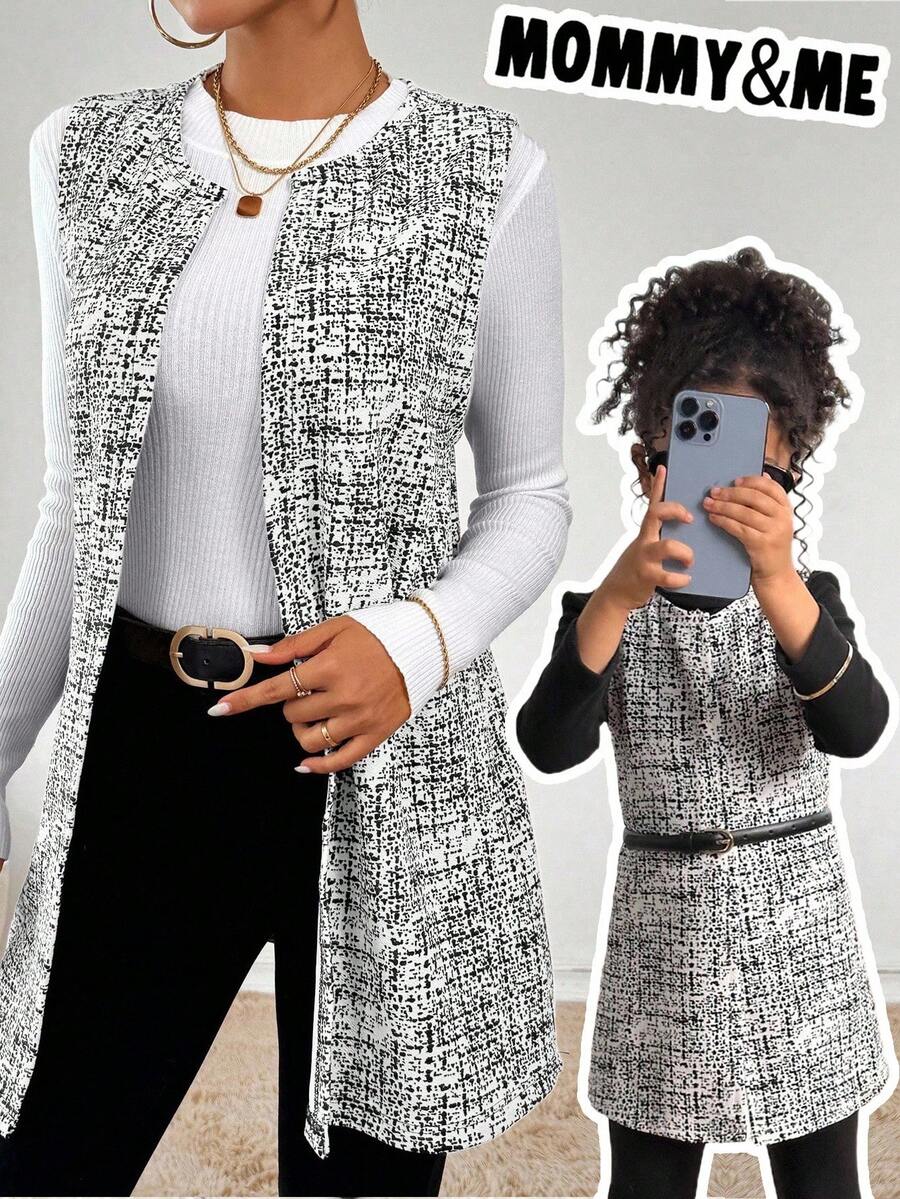 SHEIN Young Girl Spring/Autumn Casual All-Over Print Vest Jacket.Mom And Daughter Matching,  Girls Tweed Dress - Black and White - View 1