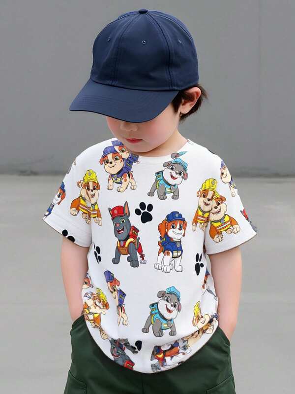 Rubble X SHEIN Young Boy Cartoon Puppy Design Round Neck Short Sleeve T-Shirt