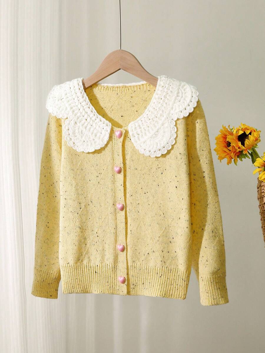 1pc Girls' Cardigan,Cute Sweet Fresh Style,White Crochet Lace Collar,Polka Dot Yellow Knit Sweater,V-Neck Long Sleeve Autumn Holiday Back-To-School - Yellow - View 1