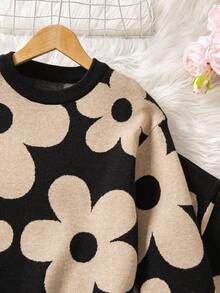 Sparklyn Bộ 2 món áo len dệt kim Jacquard và quần legging cho bé gái, họa tiết thời trang, tay dài, thu/đông - màu đen - Xem 3