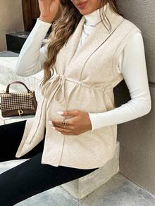 SHEIN Pregnant Women's Solid Color Shawl Collar Drawstring Waist Casual Knitted Vest, Autumn/Winter