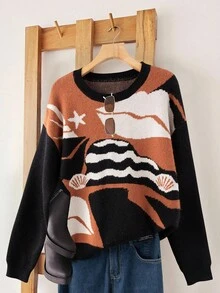 EMERY ROSE Fashionable Loose Asymmetrical Geometric Pattern Crew Neck Sweater - Multicolor - View 1