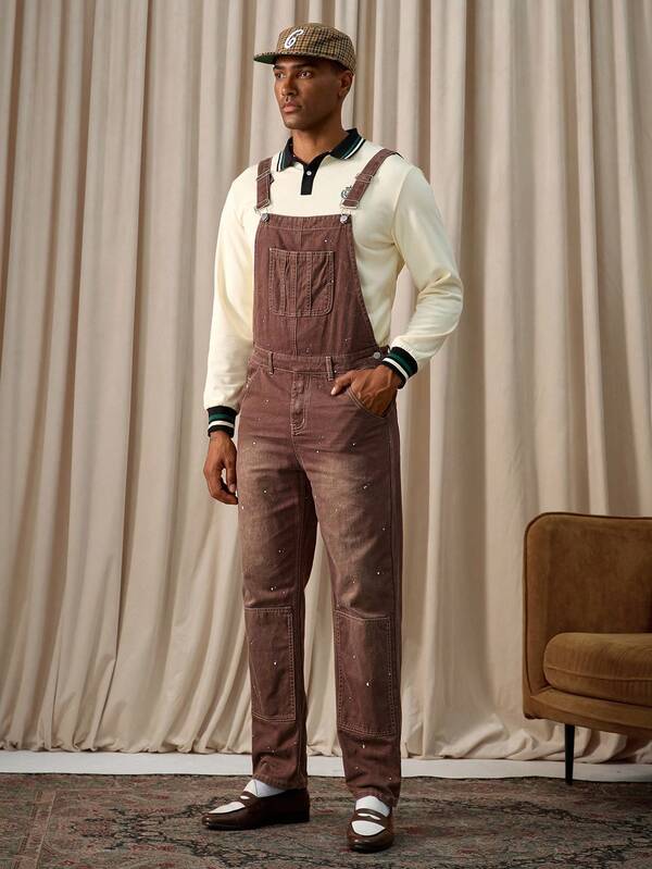 Manfinity Homme Casual Distressed Brown Denim Overalls With Splatter Print And Double Knee Design, Street Style, Spring/Summer Cowboy Outfits Boyfriend & Husband Vintage Washed For Work