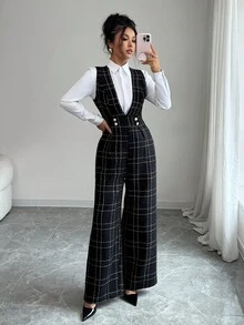 Elenzga 女式黑色羊毛面料格子连体裤，带金线，深 V 领，腰部收紧，高腰，金属珍珠纽扣装饰，优雅休闲复古教师风格，适合感恩节、万圣节、秋冬季，百搭宽松阔腿背带裤连体裤 - 黑色 - 查看 1