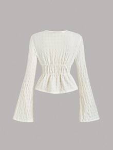 Sweetra Women's Solid Color Tie Front Ruffle Flare Sleeve Blouse - Apricot - View 2