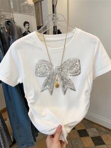 Franclia Women's Delicate Bowknot Sequin Embroidered Drawstring Waist T-Shirt