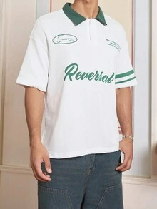 SWAVVY 男士标语印花休闲宽松短袖 Polo 衫 - 白色 - 查看 3