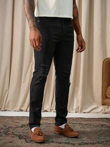 Manfinity Homme Men's Pocket Distressed Skinny Casual Jeans Boyfriend & Husband Minimalist Stretch Black For Slim Fit Going Out Halloween All Saints' Day - Black - View 4