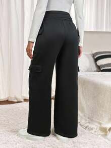 SHEIN Solid Color Casual Maternity Pants With Pockets, Full Length - Black - View 2