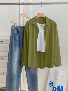 Franclia Women's Casual Loose Solid Color Long Sleeve Shirt - Army Green - View 5