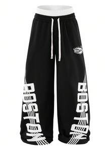 Manfinity EMRG Men's Casual Letter Print Striped Drawstring Waist Wide Leg Sweat Wide Leg Pants